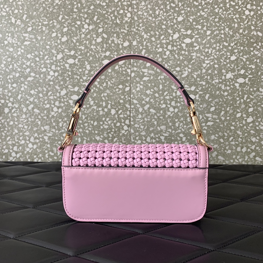 Valentino Garavani Loco Small Shoulder Bag in Pink Metallic Woven Leather 